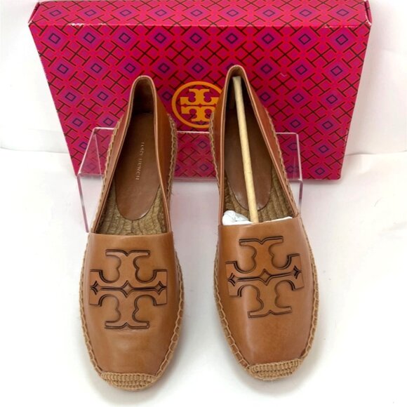 Tory Burch Women Ines Platform Tan Leather Espadrille With Logo Design Size 9 - Picture 3 of 9